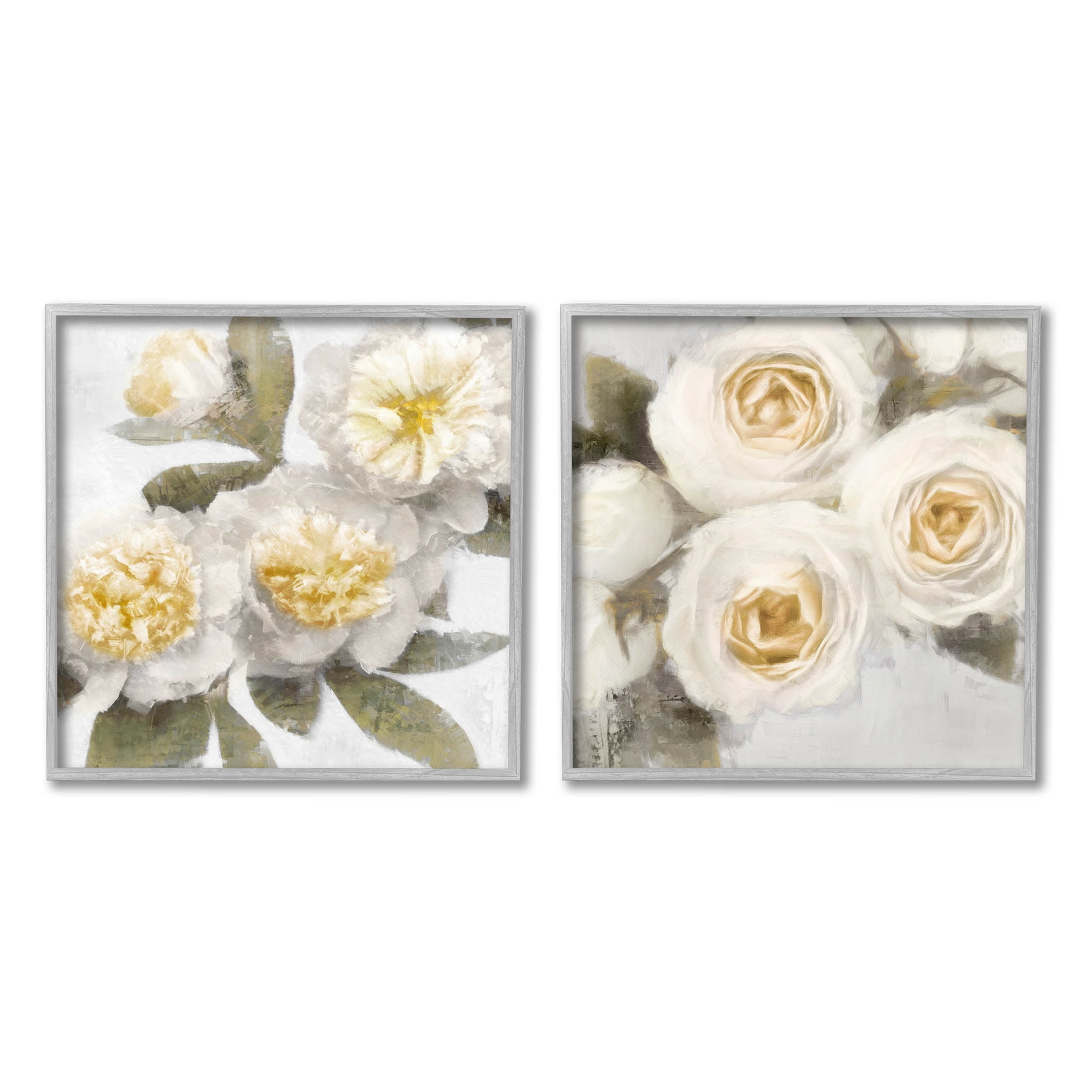 White Rose Flowers Traditional Botanical & Floral Graphic Art Gray Framed Art Print Wall Art, Set of 2