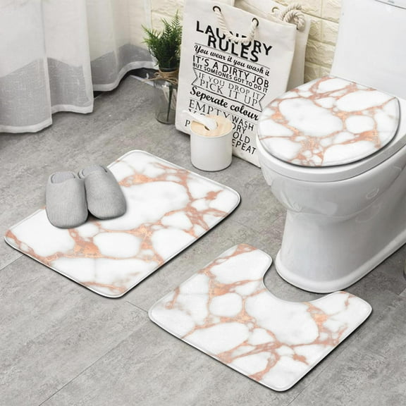 White Rose Gold Marble Bathroom Rugs Sets 3 Piece,Toilet Cover Set,Absorbent Non Slip Bathroom Mats Sets with U-Shaped Contour Rug Toilet Rug Set
