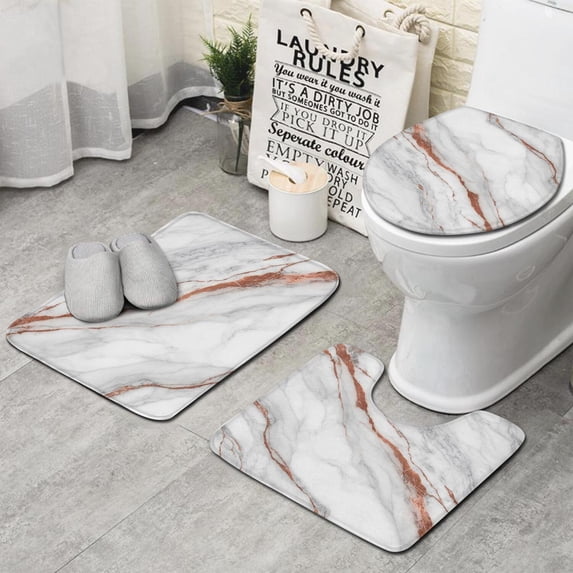 White Rose Gold Marble Bathroom Rugs Sets 3 Piece,Toilet Cover Set,Absorbent Non Slip Bathroom Mats Sets with U-Shaped Contour Rug Toilet Rug Set