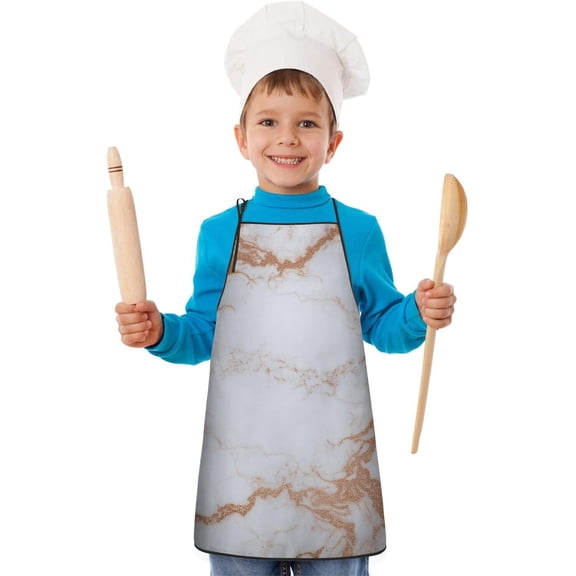 White Rose Gold Marble Pattern Kids Aprons for Girls and Boys,Adjustable Neck Strap Toddler Aprons for Kids Cooking Baking