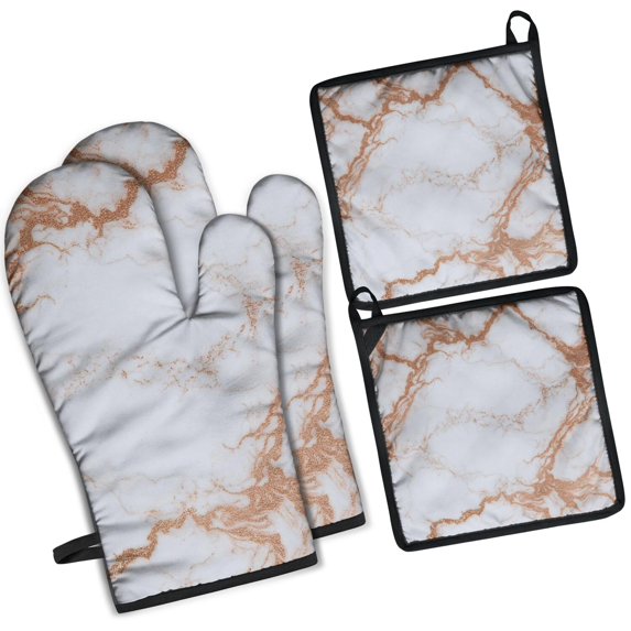White Rose Gold Marble Pattern Kitchen Oven Mitt and Pot Holder Sets 2 Pcs for Baking, Cooking and Grilling, Heat Resistant Up To 392 °F