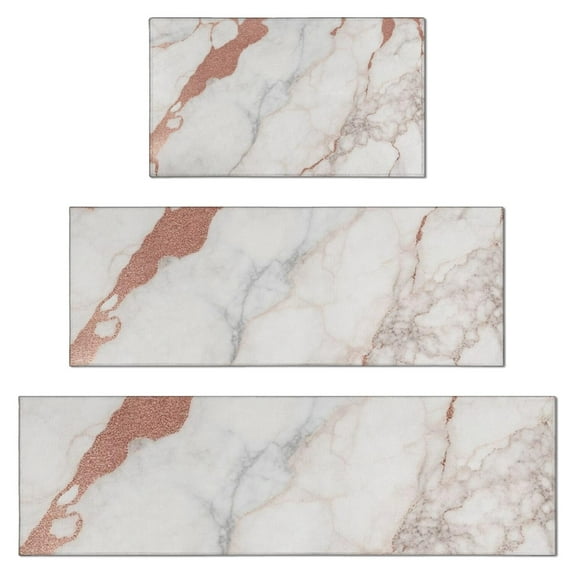 White Rose Gold Marble Pattern Kitchen Rugs Sets Of 3,Kitchen Runner Rugs Non Skid Washable,Decorative Kitchen Floor Mats for Kitchen,Sink,Laundry,17"x30"+ 17"x47" + 17"x59"