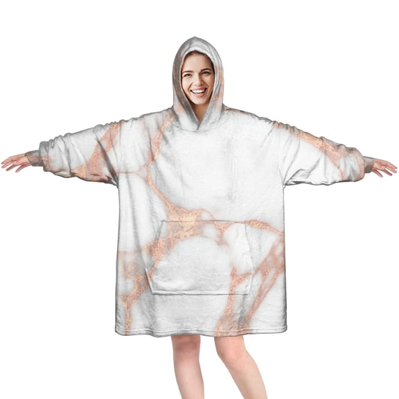 White Rose Gold Marble Wearable Oversized Blanket,Wearable Blanket Hoodie for Adults,Cozy Hooded Blankets with Super Pockets,Super Warm Fuzzy Pullover for Women & Men
