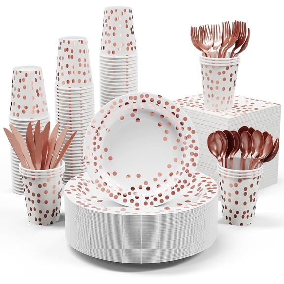 White and Rose Gold Party Supplies - 350 PCS Disposable Dinnerware Set - White Paper Plates Napkins Cups, Gold Plastic Forks Knives Spoon for Graduation, Birthday, Thanksgiving, Cocktail Party