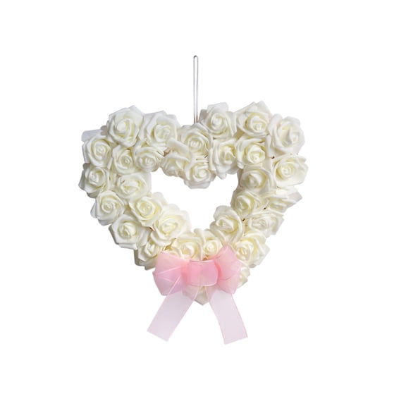 White Rose Heart Wreath Decoration Artificial Flowers For Door Wall Table Valentine’S Day Party Decor 13.8X12.6 Inch