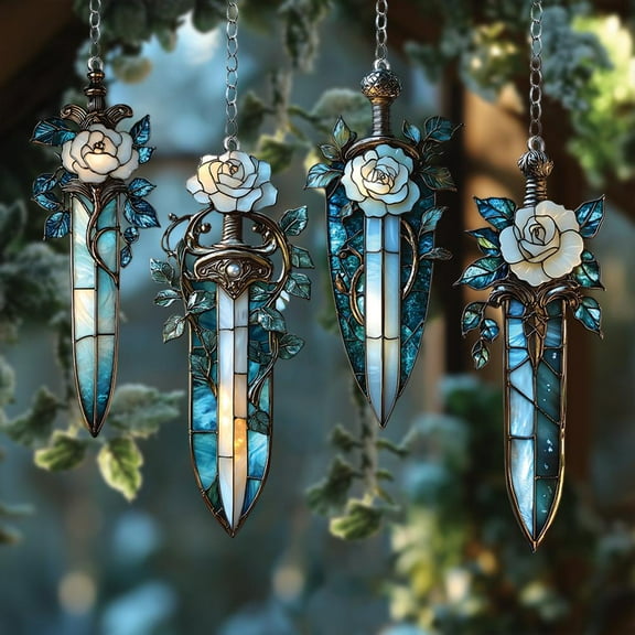 White Rose Sword Acrylic Suncatcher Faux Stained Acrylic Fantasy Dagger Window Hanging