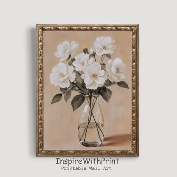 White Rose Wall Art Printable Soft Beige Flower , Cottage Core Wall Art, Moody Rose Art Print, Neutral Vintage Floral Wall Decor, Size 12x18 UNFFRAMED F03.1.5l1784