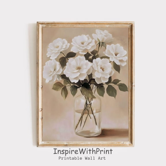White Rose Wall Art Printable Soft Beige Flower , Cottage Core Wall Art, Moody Rose Art Print, Neutral Vintage Floral Wall Decor, Size 8x12 UNFFRAMED F03.1.5l1772