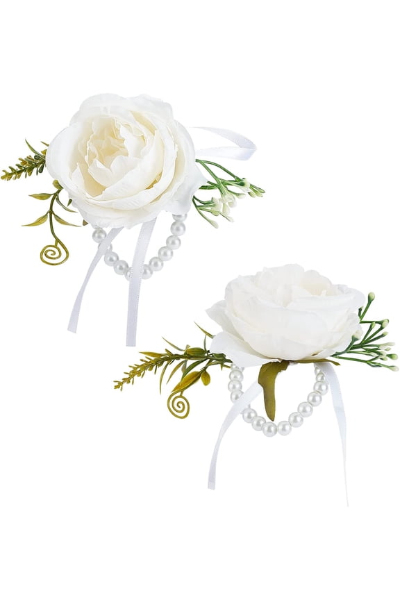 White Rose Wrist Corsages for Wedding 2pcs Pearl Wrist Corsage Bracelet Wedding Bridal Bridesmaid Hand Flower for Wedding Festival Party Prom Suit Homecoming Decoration Corsage for DIY
