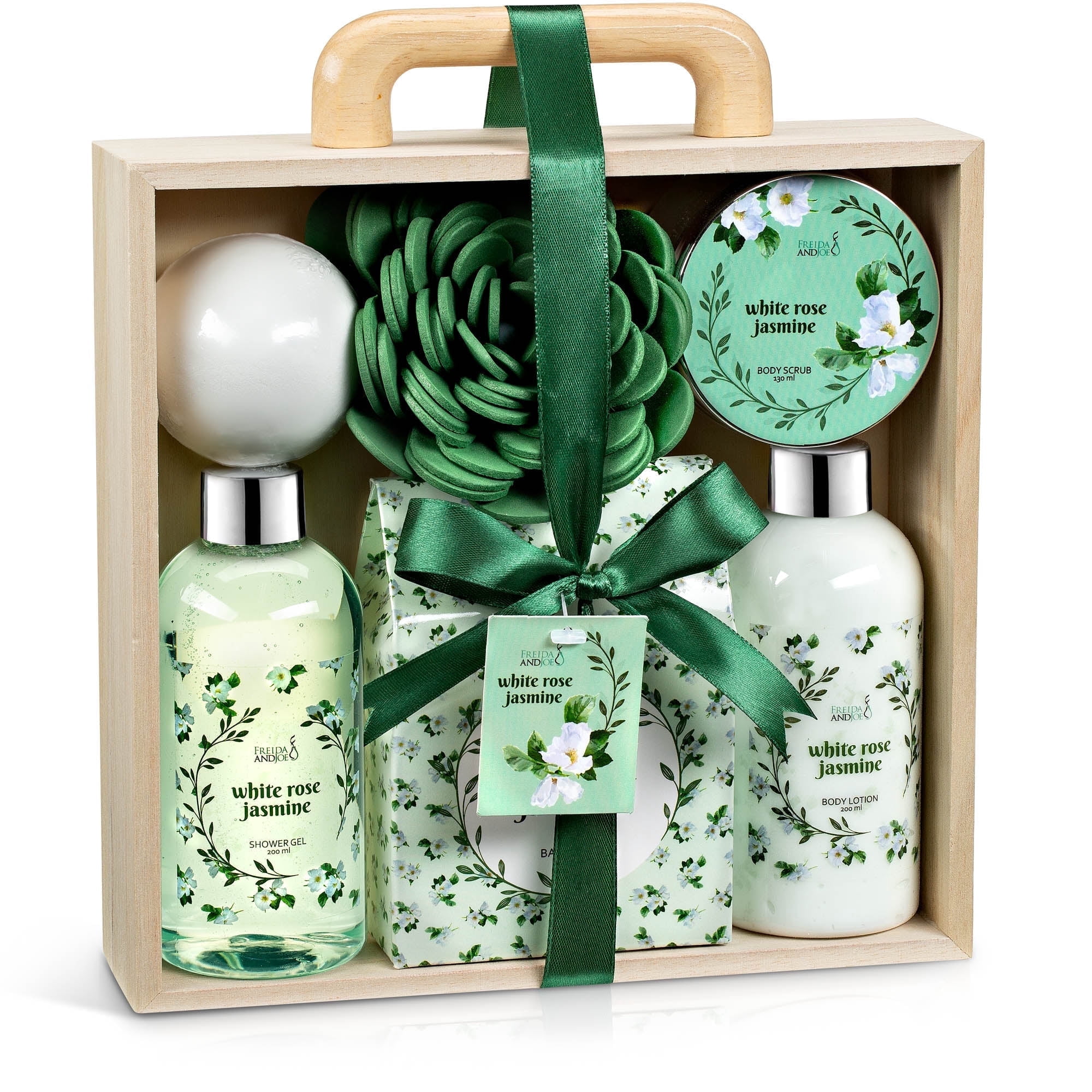 White Rose and Jasmine Bath and Body Gift Set in Wooden Box, Luxury Spa Shower Set, Relaxing Self Care Skin Care Gift Valentines Gift