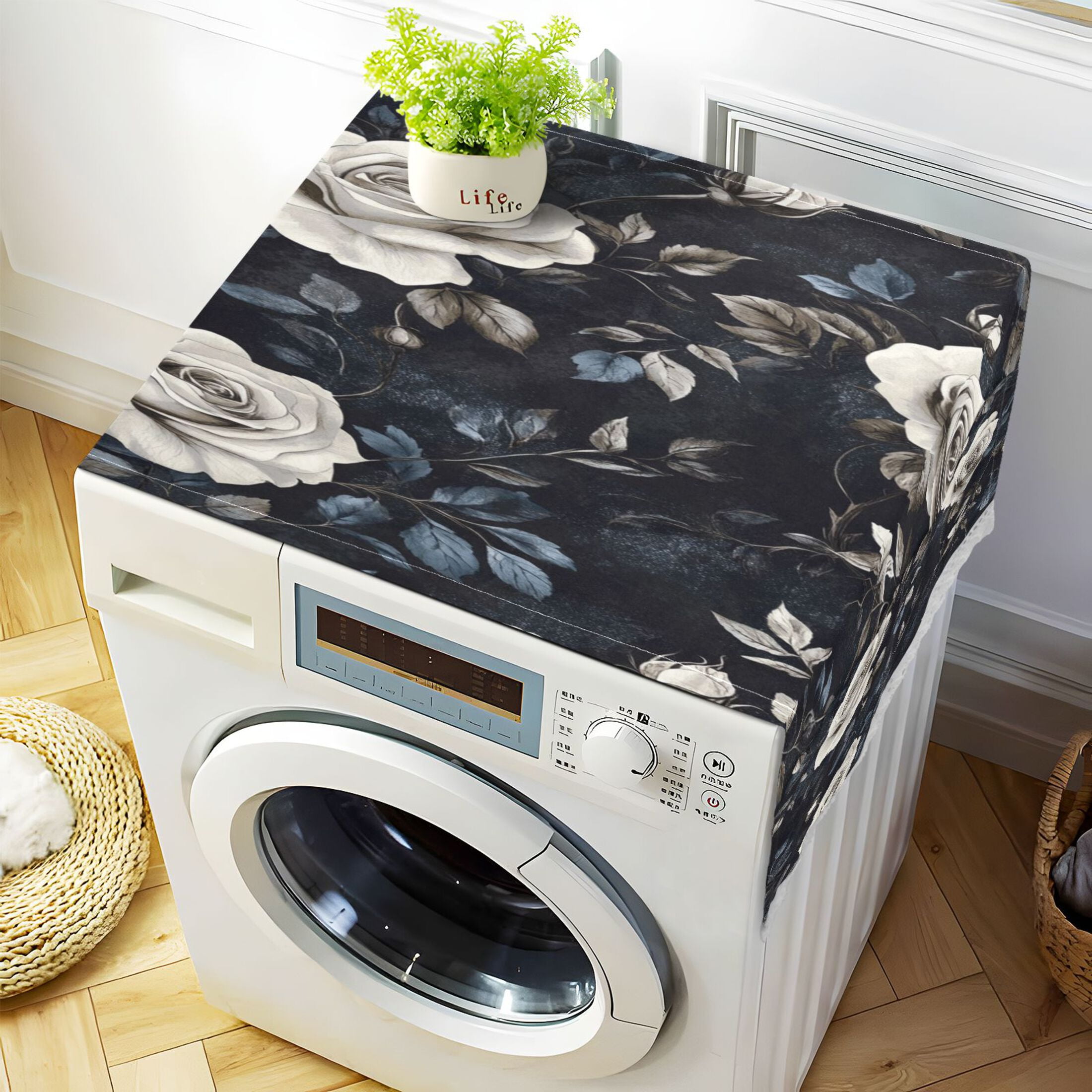 White RoseWasher and Dryer Covers Dust-Proof and Oil Resistant Fridge Cover with 4 Storage Pockets Washing Machine Top Cover for Laundry Kitchen Home 51.2 x 22 In