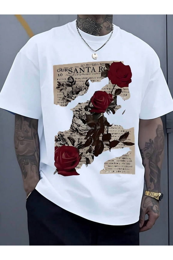 White Roses And Distressed Newspaper Print Plus Size Graphic T-Shirt Casual 100% Cotton Mens Tee