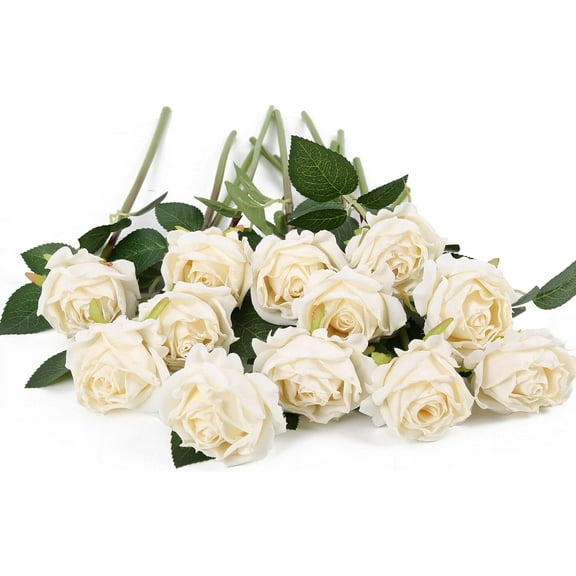 White Roses Artificial Flowers Vintage Dried White Flowers Artificial Roses Silk Flowers with Single Stem White Fake Rose for Wedding Centerpieces Wall Flowers Decorations (Off White)