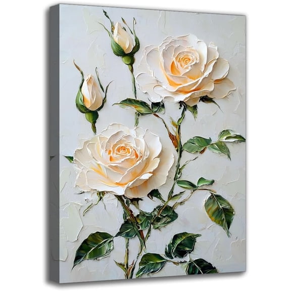 White Roses Canvas Wall Art Print - Framed Modern 3D Floral Painting, Wall Decor For Living Room Bathroom Bedroom Spring/Summer Room Decoration (8W X 12L)