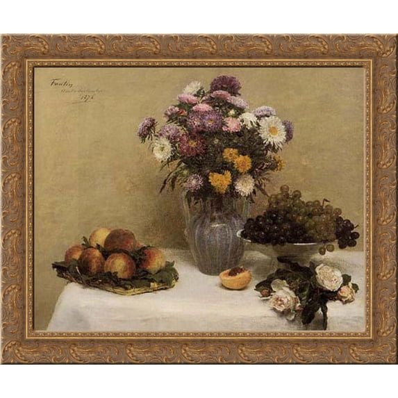 White Roses, Chrysanthemums in a Vase, Peaches and Grapes on a Table with a White Tablecloth 23x20 Gold Ornate Wood Framed Canvas Art by Fantin Latour, Ignace Henri Jean Theodore