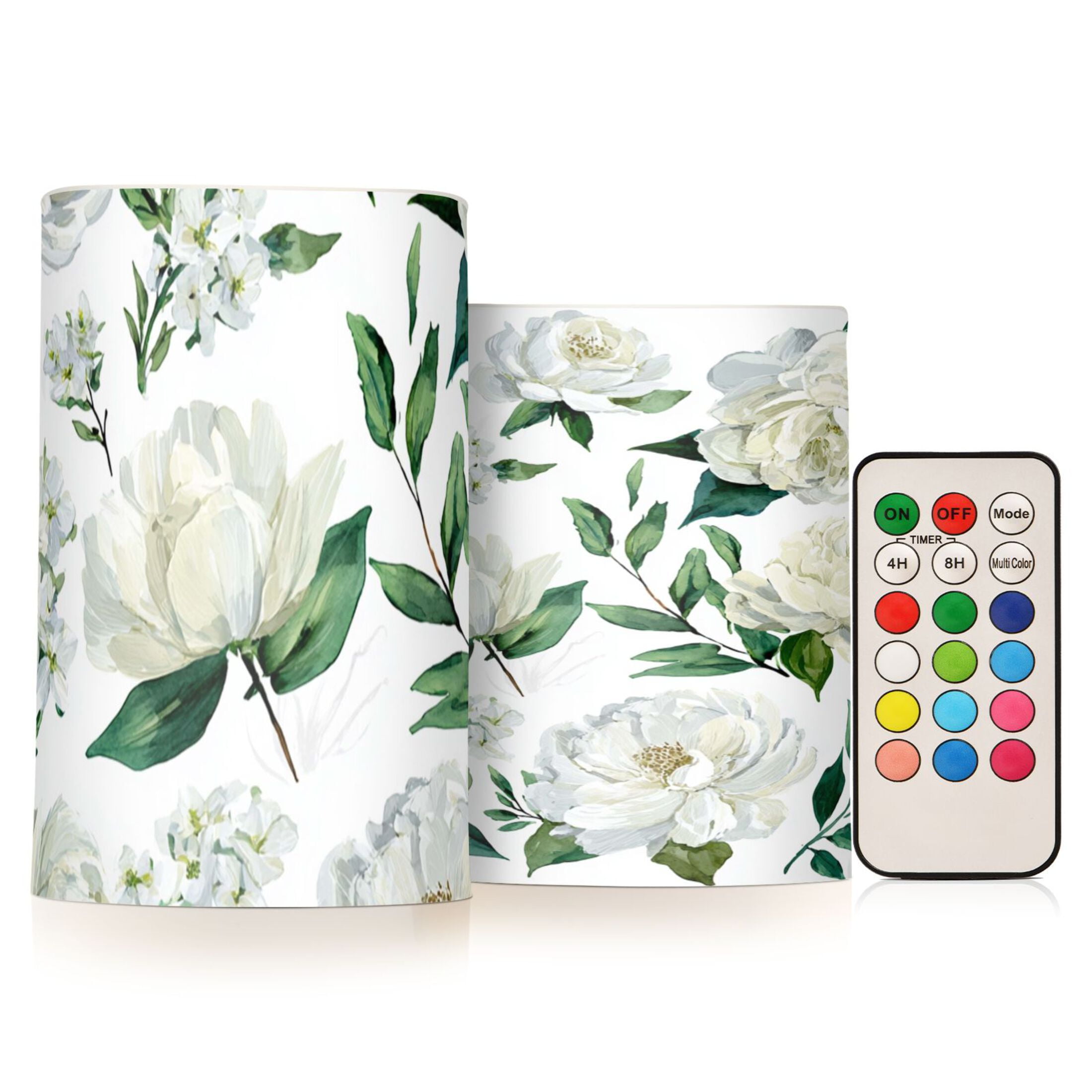 White Roses Flickering Flameless Candles Battery Operated with Remote Timer LED Pillar Candles Set of 2