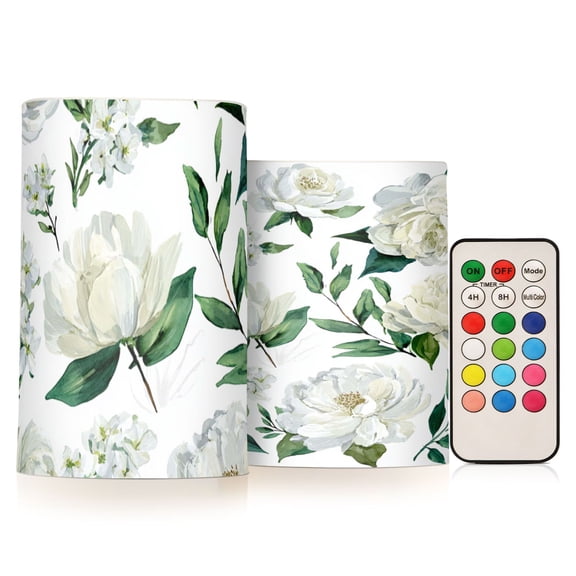 White Roses Flickering Flameless Candles Battery Operated with Remote Timer LED Pillar Candles Set of 2