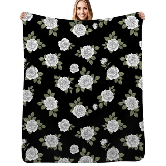 White Roses Floral Pattern Flannel Blanket Warm Soft Bedding Throws Winter Camping Chair Sofa Bed