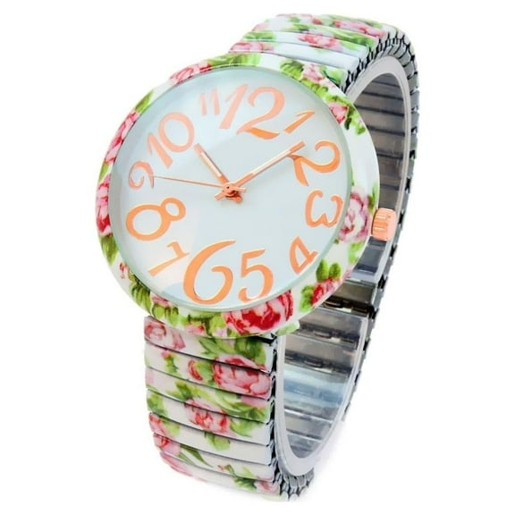 White Roses Floral Print Large Face Easy to Read Stretch Band Extension Women's Watch