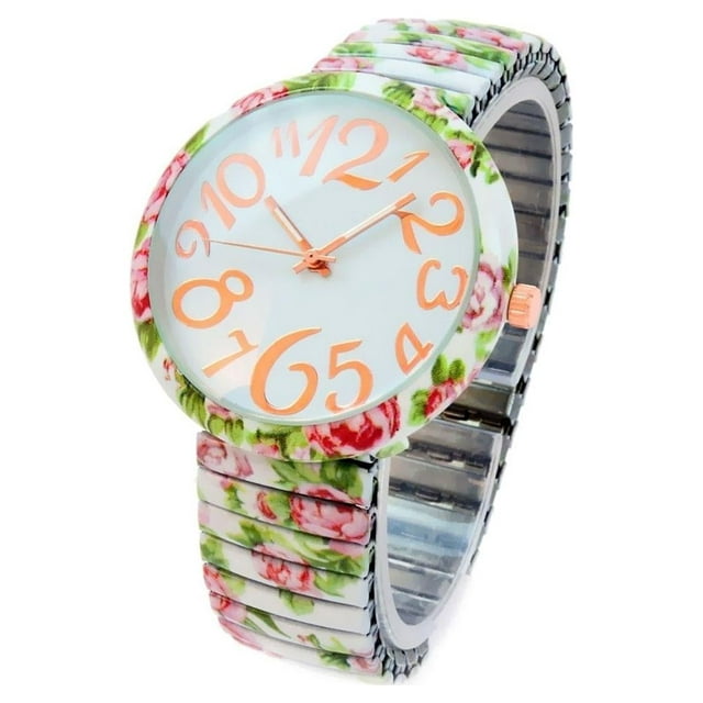White Roses Floral Print Large Face Easy to Read Stretch Band Extension ...