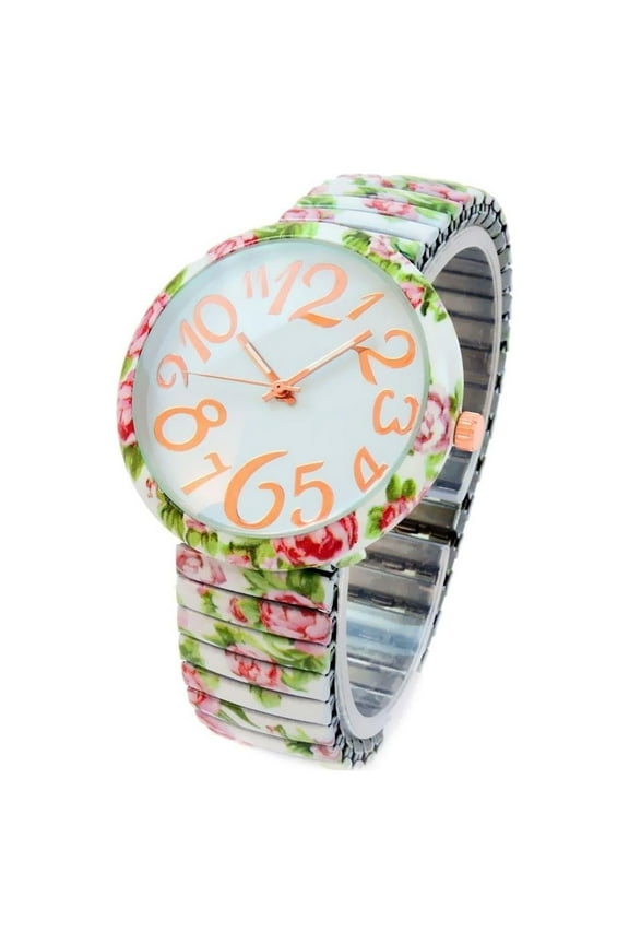 White Roses Floral Print Large Face Easy to Read Stretch Band Extension Women's Watch