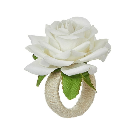 White Roses Flower Napkin Rings for Valentine's Wedding Mother's Day Dinners Decoration Table Accessories, Handcraft Floral Napkin Dining Napkin Rings, Burlap Cord Buckle Lunch Napkin Holder, Rustic