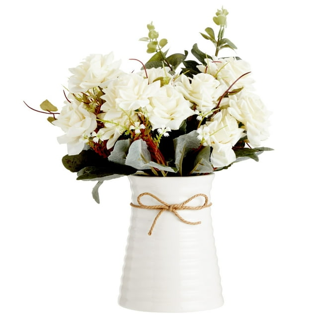 Faux Artificial Silk White Roses Floral Arrangement in Ceramic Vase (6.