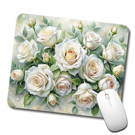White Roses Flowers Watercolor Mouse Pad Low Profile Gaming Mat