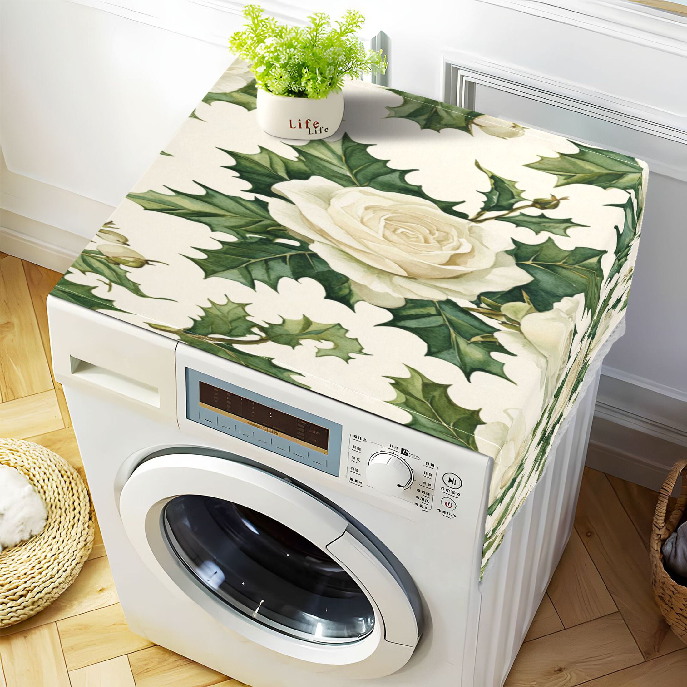 White Roses and Holly LeavesWasher and Dryer Covers Dust-Proof and Oil Resistant Fridge Cover with 4 Storage Pockets Washing Machine Top Cover for Laundry Kitchen Home 51.2 x 22 In