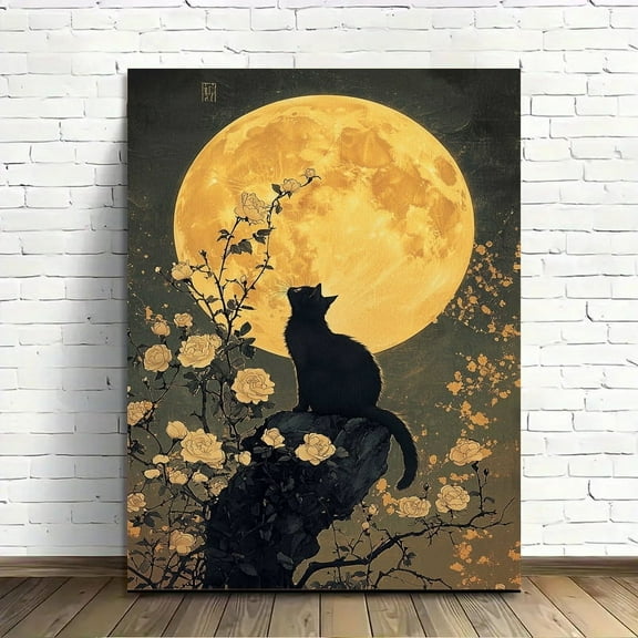 White Roses Surrounded by a Black Cat Looking up at the Full Moon, Classical Chinese Style Canvas Art Poster Wall Art Print Modern Unique Family Bedroom Living Room Decor