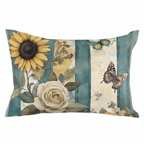 White Roses Throw Pillow Cover 20 x 36 Inch Decorative Pillow Cover Sunflower Spring Floral Retro Blue Striped Lumbar Pillowcase Seasonal Rectangle Cushion Case for Couch Sofa Bed Living Room