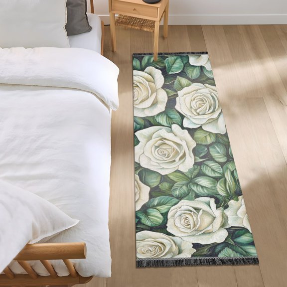 White Roses and Green Leave Bedroom Runner Rug 2'x 6' Non Slip Carpet Indoor Home Area Rug Living Room