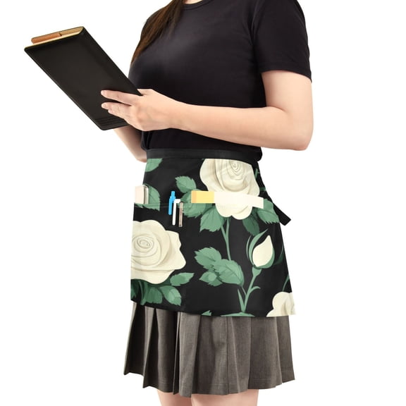 White Roses on Black Background Server Apron with 3 Pockets Waist Apron for Waiter Waitress