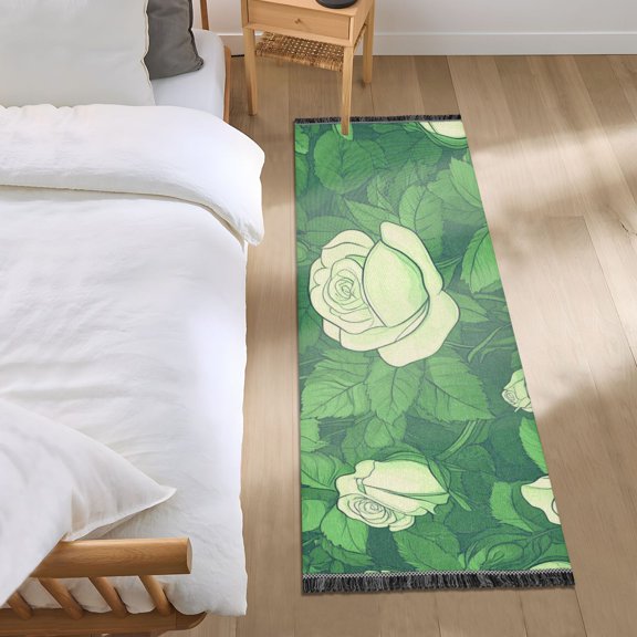 White Roses with Green Background Bedroom Runner Rug 2'x 6' Non Slip Carpet Indoor Home Area Rug Living Room