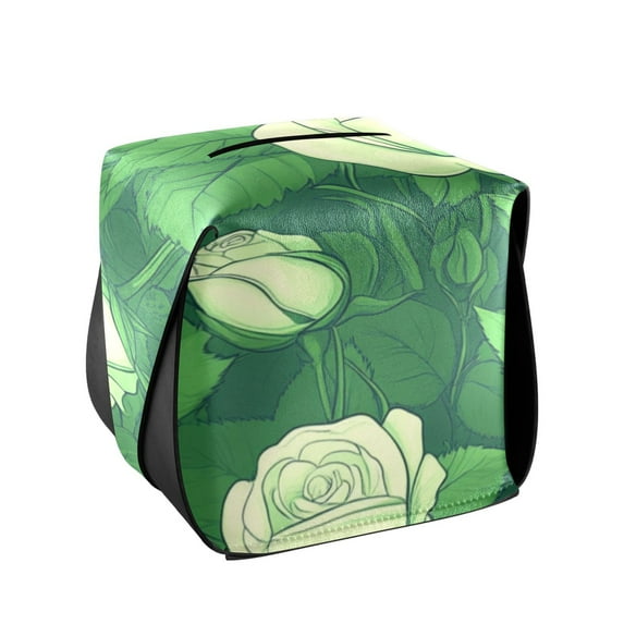 White Roses with Green Background Tissue Box Cover Leather Square Rectangle Tissue Box Holder for Bathroom Living Room Desk Office Decor