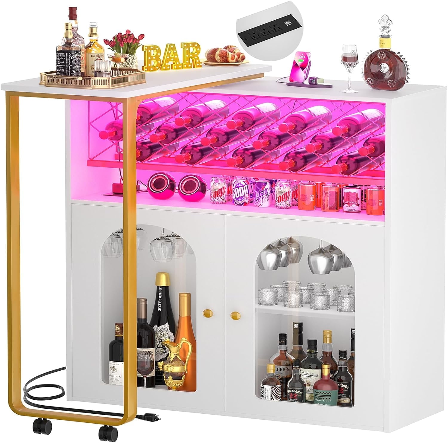 White Rotating Corner Bar Tall Home Bar with LED Lights