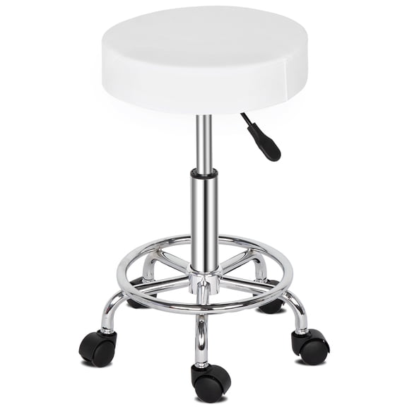 White Round Adjustable Swivel Salon Stool, 3.15" Thick Padded Rolling Work Stool with 5Caster Wheels, Height Adjustable 360Degree Rotation Stool for Barber Beauty Spa