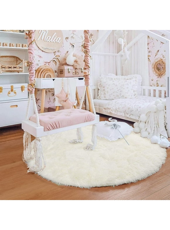 White Round Area Rug, Circle Rugs, Small Fluffy Shaggy Carpets, Rugs for Girls Boys Baby Kids Bedroom, Furry Comfy Teepee Mats, Circular Rugs for Reading Area Nursery Room