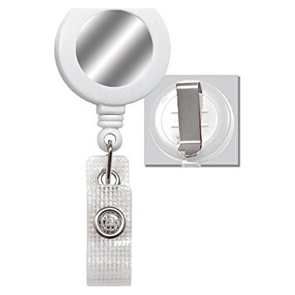 White Round Badge Reels with Silver Sticker & Belt Clip - Qty. 25 