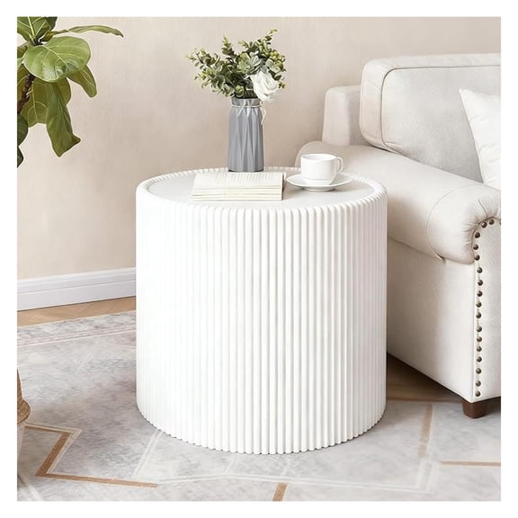 White Round Coffee Table, 17.71" Drum Coffee Table with Sintered Stone and Fluted PU Leather Covered and Stable Base, Circle Cocktail Tea Table for Living Room