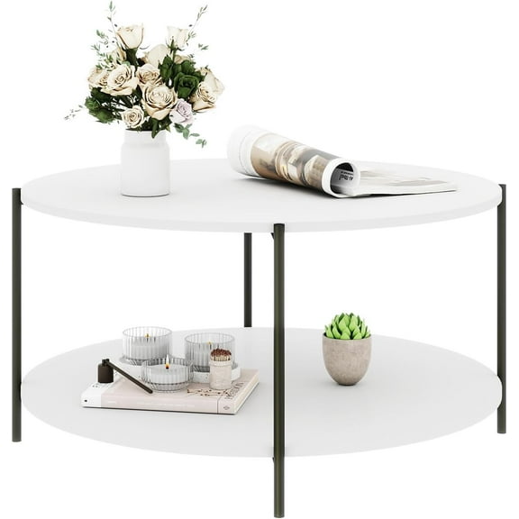 White Round Coffee Table, 2-Tier Coffee Table with Storage, Small Center Table for Living Room, Home Office Apartment