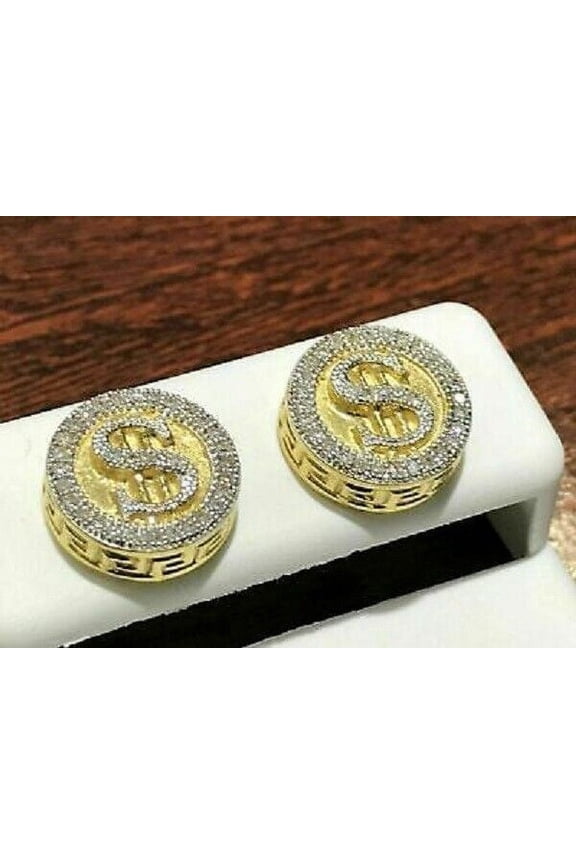 White Round Cut Diamond Stud Dollar Sign Earrings 14K Yellow Gold Plated