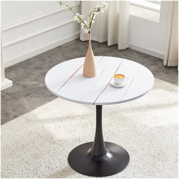 White Round Dining Table 31.5 Inch, Tulip Shape Pedestal Base Table, Compact Bistro Table for Kitchen, Apartment, Cafe, Living Room