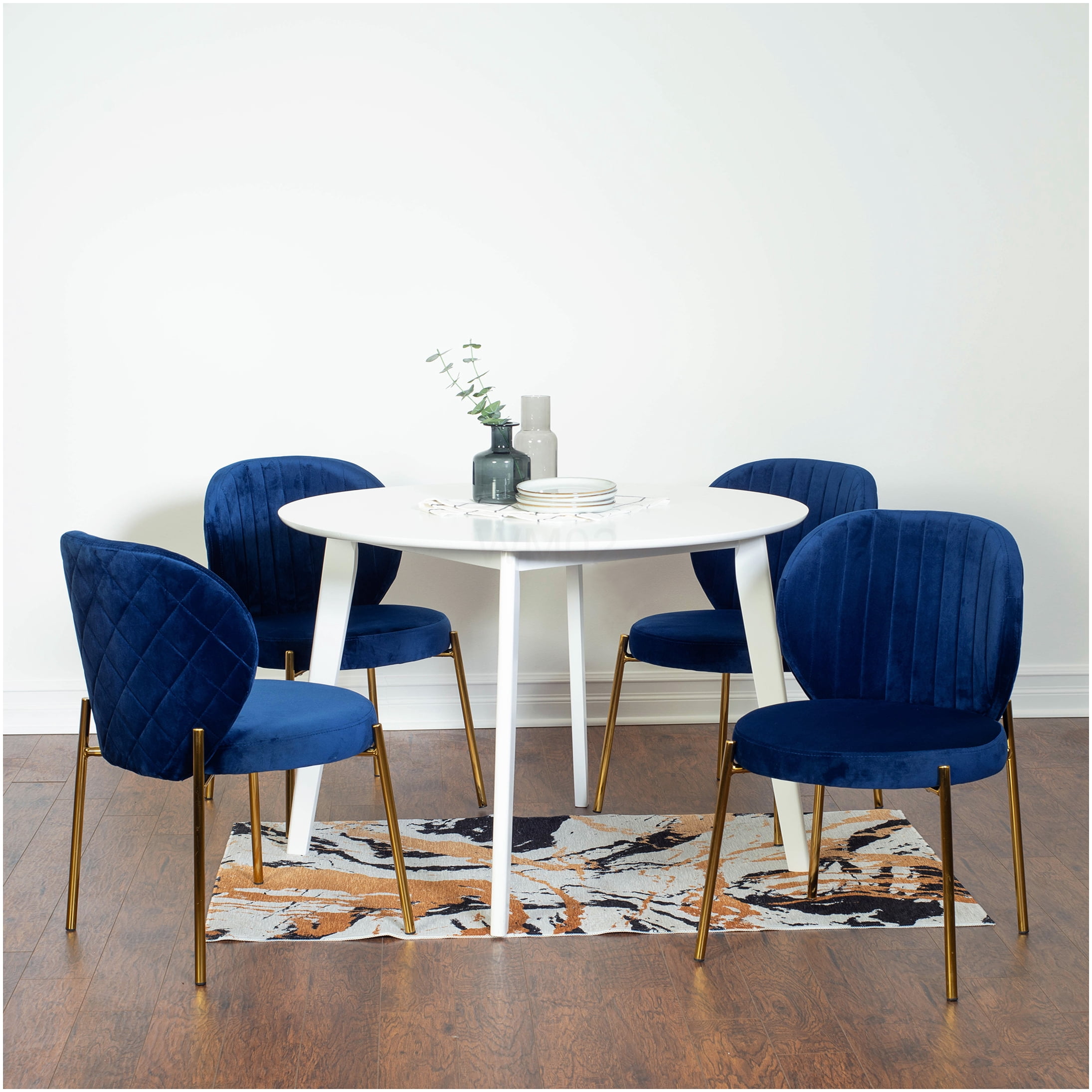 White Round Dining Table Set with 4 Velvet Upholstered Chairs, 5-Piece ...