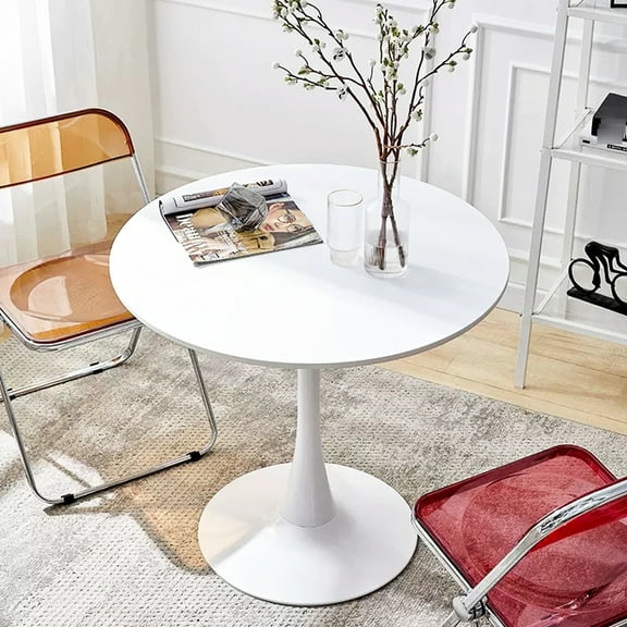 White Round Dining Table With And Robust Steel Construction Stylish Top Support