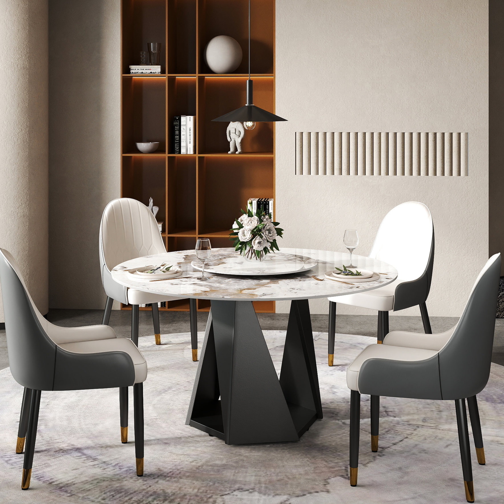 White Round Dining Table with Rotating Disk - Natural Materials, No ...