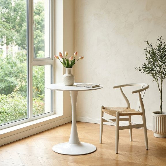 White Round Dining Table with Tulip Base - Mid-Century Modern Style