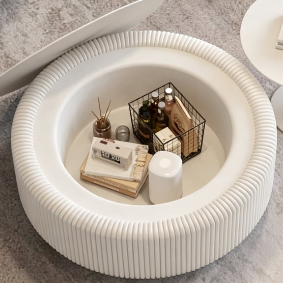 White Round Fluted Coffee Table with Tempered Glass Top, PU Leather Body , Baked Enamel Metal Base & Hidden Storage , Modern Minimalist Accent Table for Living Room