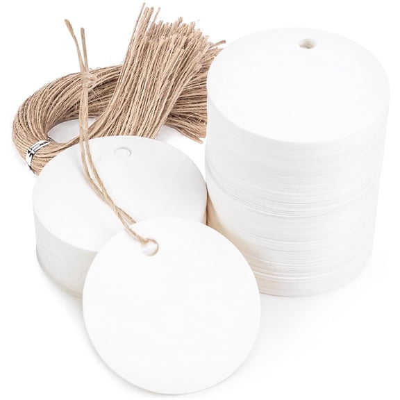 White Round Gift Tags Set of 100, 2 Inch Paper Hang Tags with String for Gift Wrapping, Craft Projects, Wedding Favors, Holiday Gifts and Party Packaging