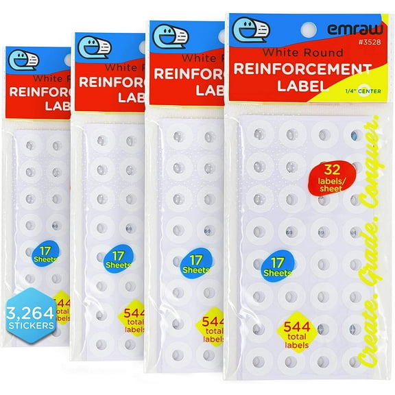 White Round Hole Reinforcement Labels, Strengthen and Repair Punched Holes, Stickers Self Adhesive Labels, for School Home and Office - by Emraw (Pack of 3264 Labels)